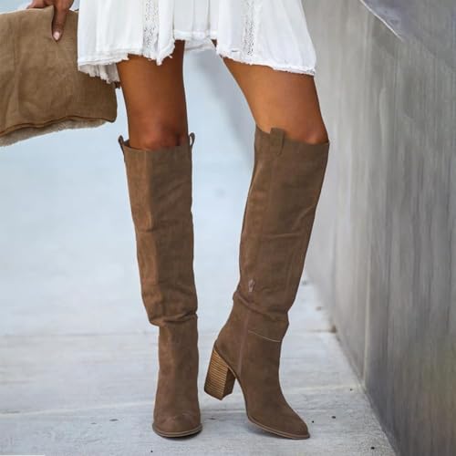 Erocalli Suede Knee-High Boots Fall Boot For Women Chunky Block High Heel Slouch Fashion Boot Round Toe Side Zipper