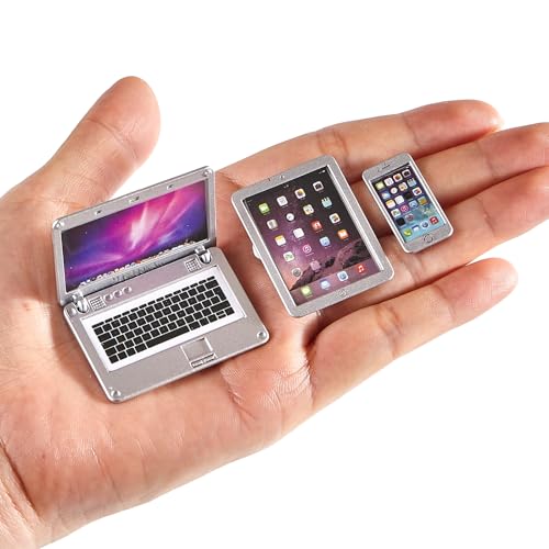 1:12 1:6 Scale Dollhouse Decor Accessories Laptop, Miniature Laptop Tablet Smart Phone Stuff Doll House Mini Play Set Accessories (Silver)