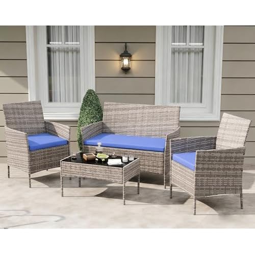 GarveeLife 4-Piece Patio Furniture Set, Rattan Outdoor Furniture with Upholstered Sofa, 2 Chairs & Coffee Table, Modern Conversation Bistro Set for Ga
