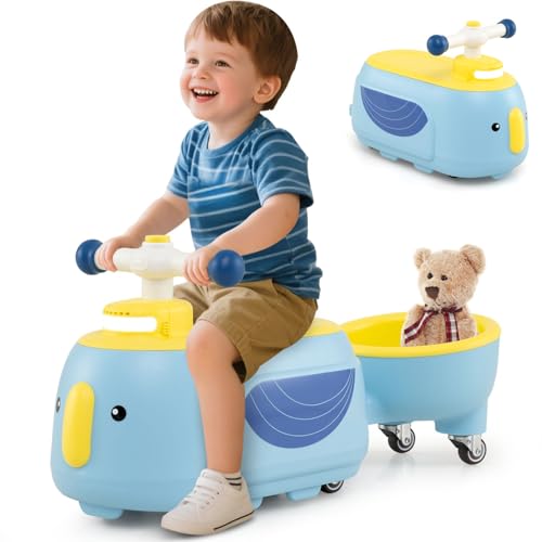 GYMAX Toddler Ride on Car, Kids Sit on Toy with Trailer, Under Seat Storage, Lights & Music, Outdoor Indoor Foot to Floor Sliding Car for 12+ Months Old (Blue + Yellow)