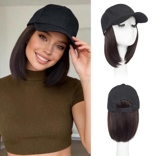 Benehair Hat Wig Extensions, Baseball Cap with Synthetic Hair Attached, Adjustable Wig Hairpieces for Women Daily Outdoor, 6 Inch Short Straight Bob Chestnut Brown Hair with Black Cap