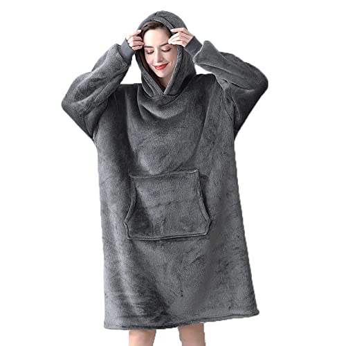 Manta con capucha, manta de forro polar suave de gran tamaño, sudadera con capucha con bolsillo grande, pijama cálido para el hogar para mujeres, hombres, niños (gris), gris, Talla única