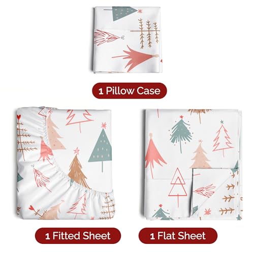 Twin XL Christmas Tree Sheet Set - Holiday Xmas Pattern Bedding Set - Deep Pockets - Snug Fit - 3 Piece - Wrinkle Free - Comfy & Cooling Festive Winter - Holiday Sheets for Women, Men, Kids & Teens