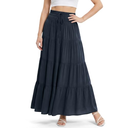 Image of Alaoo Long Skirts for Women, Flowy Elasticated Waist Pleated A Line Skirts With Drawstring, Casual Comfy Boho Women 2in 1 Skirt High Waist Maxi Skirt for Beach Daily Travel Vacation, Navy Blue