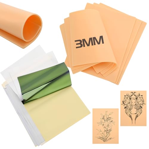 dusaniyali 12 Stück Kunsthaut Tattoo Übungshaut 3MM und Stencil Papier Set, 6 Kunsthaut Tattoo Haut und 6 Transferpapier für Temporäre Tatoo Schablonen, Tatoo Zubehör für Anfänger Erfahrene Tätowierer