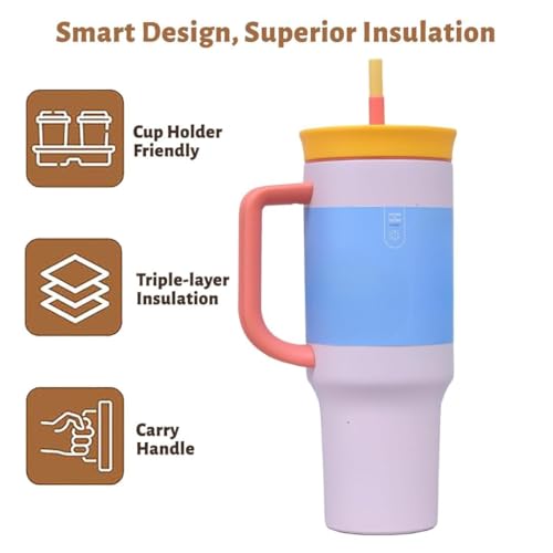 Image of Travel Mug 40oz with Straw & Handle | Leakproof Lid, BPA-Free Large Tumbler for Driving, Office, Fitness & Outdoor Use (Misty Rose, 1200 ml)