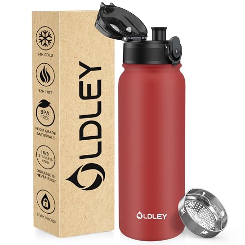 OLDLEY 600ml/20oz Stainless Steel Water Bottle Double Walled Vacuum Flask Keeps Drink Hot and Cold Leakproof BPA Free 600ML Metal Insulated Water Bottle for Sport School Work Outdoor Hiking (Red)