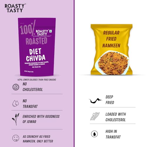 Image of Roasty Tasty Diet Chivda | Gluten-Free Roasted Chiwda with Rice & Jowar Flakes | No Onion No Garlic Millet Namkeen | Light & Crunchy Tea-Time Roasted Non Fried Snack | Low Calorie Palm Oil Free Namkeen | 100g x 4 Packs | Indian Mixture