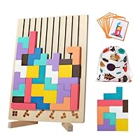 Holzpuzzle Tetris, Montessori Spielzeug, Gehirn Spielzeug, 3D Holzpuzzle, Bunt Geometrische Blöcke Tetris mit 10 Karten und Halterung, Geschenke für 3 4 5 6 Jahren