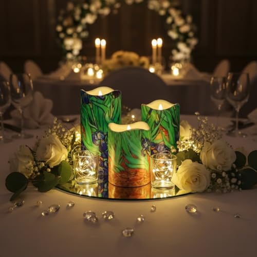 Image of Floral Flameless LED Pillar Candles, 3pcs Van Gogh Irises Battery Operated Flickering Candles with Timer Remote,Decorative Flickering LED Candles for Wedding Mother's Day Home Decor