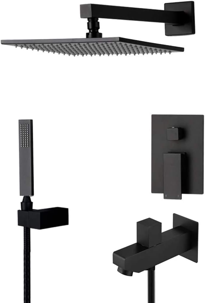 Shower System, Wall Mounted Brass Black Shower Faucet System with 8-12" Square Brass Shower Head and Handheld Shower and Bathtub Faucets, Luxury Shower Set, 12" Decoration