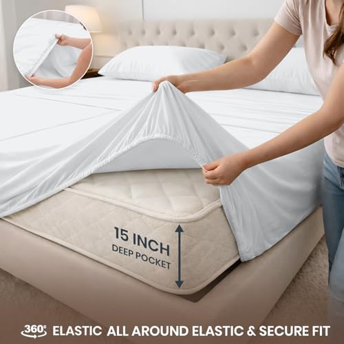 Image of SGI Split King Sheet Set for Adjustable Bed Egyptian Premium Cotton 600 Thread Count Sheets for Sleep Number Bed 15 inch Deep Pocket 5 Pc Set with 2 Twin XL Fitted Sheets Soft Breathable - White