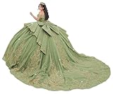 Mouccy Luxury Puffy Gold Appliques Quinceanera Dresses 2026 Sage Green Beaded Off Shoulder 15 Dress Long Sparkly Glitter Sweet 16 Dresses with Bow 10