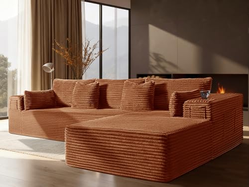 Image of 108 inch Cloud Sectional Couch, Comfort L Shaped Boneless Couch for Living Room, Extra Deep Seats No Assembly, Minimalist Modular Sofa, Corduroy (Deep Orange, 2 Seater+Right Facing Chaise)