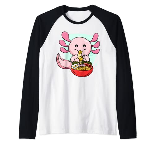 Kawaii Axolotl Eating Ramen Fideos gráficos de anime novedad Camiseta Manga Raglan