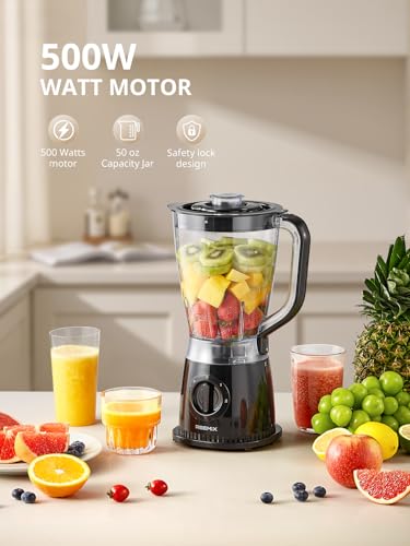 Standmixer 500W, 1,5 L Mixer mit 2 Geschwindigkeitsstufen & Pulsfunktion, Edelstahlmesser, abnehmbarer Deckel mit Messbecher, spülmaschinengeeigneter Mixbecher für Smoothies & Shakes – Bild 6