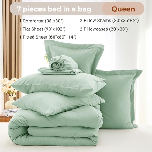 MUXHOMO 7 Pieces Queen Comforter Set, Soft Bed in a Bag Queen Size, All Season Bedding Set with Comforter, Flat Sheet, Fitted Sheet, Pillowcases & Shams, Sage Green