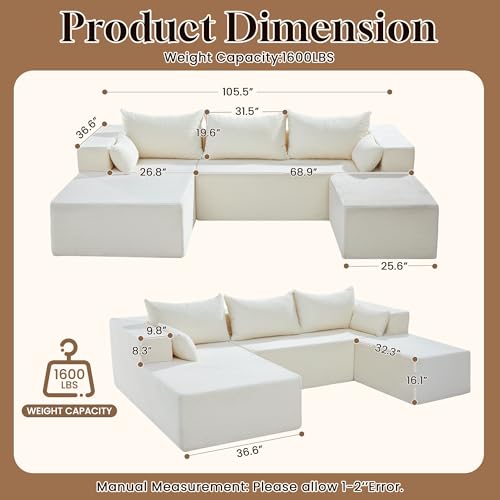 Image of 106 inch Cloud Sectional Boneless Couches for Living Room, Modular U Shaped Couch with Deep Seat, Removable Ottoman, Memory Foam Compressed Spineless 4 Seater Sofa for Bedroom Apartment, Beige