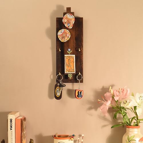 Image of AAKRITI ART CREATIONS Key Holder, Prabha Key Hanger with Brass Motifs and Beautiful Artwork | Rustic Dhokra & Wooden Wall Organizer with 4 Hooks | New Home Gifts.