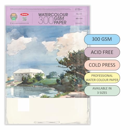 Image of Anupam Professional Watercolour Paper | A2 (60X42CM) 300 GSM Cold Pressed Paper | 5 Sheets | Ideal for Artist, Professional Drawing, Painting Dry & Wet, Fine Art, School, Students, Watercolor