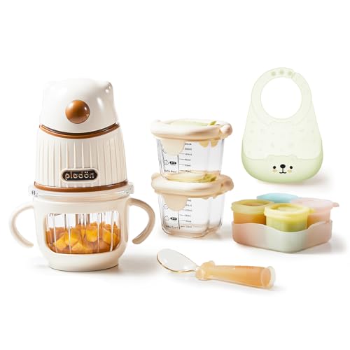 Plodon Baby Food Maker Set with 316 Steel Blades & Glass Bowl, White Baby Food Blender with A Feeding Spoon, A Bib, 4 Separate Food Ice Cube Trays and Two 7oz Food Storage