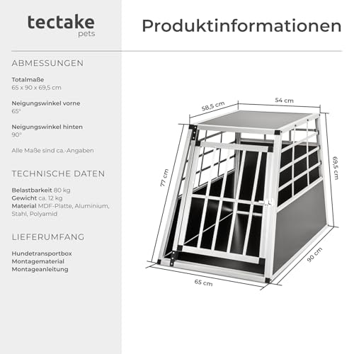 tectake® Hundebox Auto oder Hundebox für Zuhause, Aluminium Hundetransportbox, leicht und stabil, Auto Kofferraum Transportbox für Hunde - 65 x 90 x 69,5cm (Single Groß)