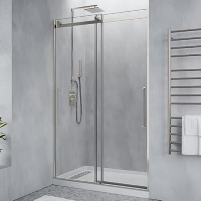 ANZZI 76 x 48 inch Frameless Shower Door in Brushed Nickel | Stella Water Repellent Glass Shower Door with Seal Strip Parts and Handle | Easy Glide Rollers Sliding Shower Door | AMZSD05901BN