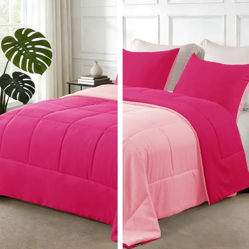 Exclusivo Mezcla Lightweight Reversible Twin Size Comforter Set Down Alternative Comforter with 1 Pillow Sham Twin Size Bedding Set for All Seasons Hot Pink/Bright Pink