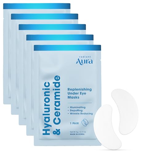 Radiant Aura Hyaluronic Acid & Ceramide Under Eye Patches - Dermatologist Tested, Anti Aging, Korean Skin Care - Anti Wrinkle Pads For Puffy Eyes And Under Eye Bags - Vegan, Clean Beauty - 5 Pairs