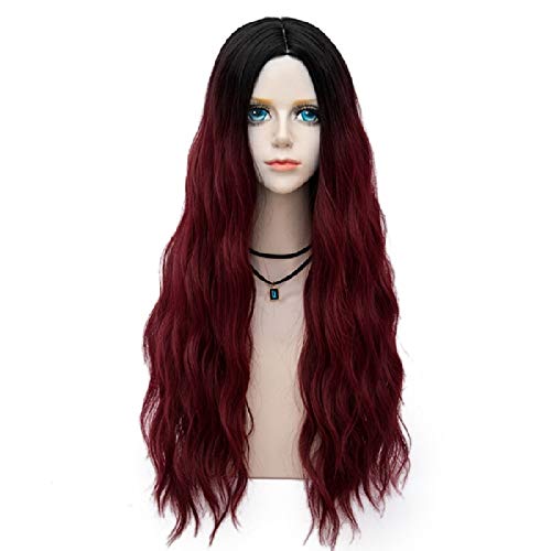 Forest Lady Collection Ombre Dark Root Long Curly Women Lolita Anime Cosplay Wig + Wig Cap (70cm, Dark Red F10)