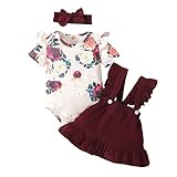 Diseño: lindo mono de moda para niña, con hombros con volantes y estampado floral rosa, que hace que su bebé sea más atractivo, falda de encaje con estampado floral y pañuelo a juego, este diseño elegante y de moda hará que su bebé reciba toneladas de cumplidos.