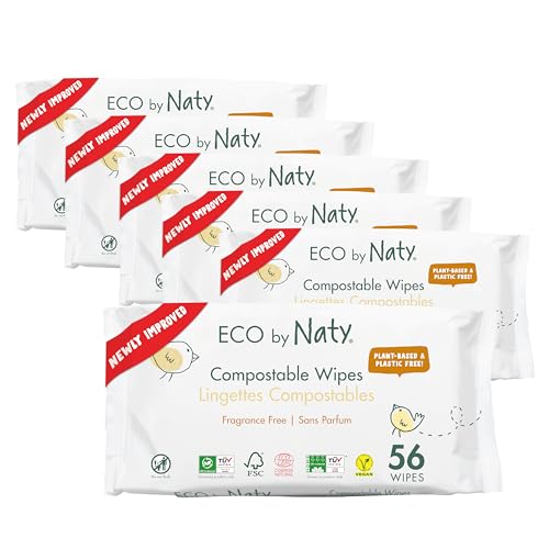 Naty toallitas para bebé sin perfume | 98% agua purificada | Para piel sensible | Suaves para recién nacidos | De origen vegetal y sin plástico | Certificadas compostables | 336 unidades (6 paquetes)