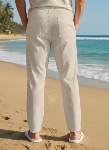Image of Men's Linen Drawstring Pants, Casual Beach Trousers, Lightweight Breathable