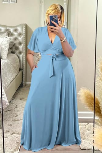 Image of Plus Size Women's 2 Piece Outfits Casual Short Ruffle Sleeve Wrap Crop Top Maxi Long Dress Flowy Matching Sets