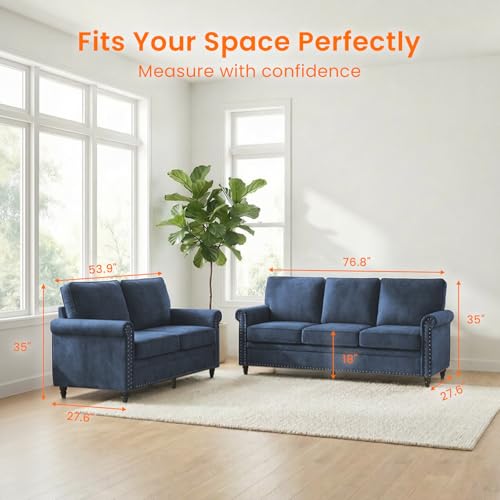Image of ijuicy 2 PCS Sofa and Loveseat Set, Chenille Living Room Couches, Navy Blue | Modern Upholstered Sofa and Loveseat Living Room Furniture Sets with 6 inch Thicken Cushio, Nailhead Trim