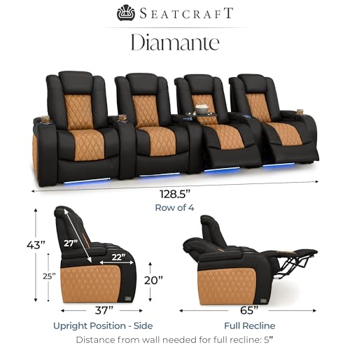 Image of Seatcraft Diamante Black /Tan Oak Italian Leather Home Theater Seating, Zero Gravity Power Recliner, Gaming and Home Office Chair, Powered Headrest Furniture for Family Cinema Room, Row of 4