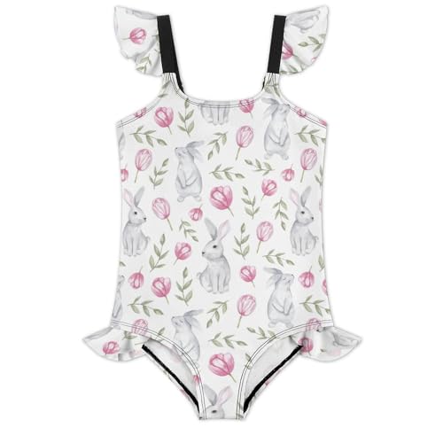 Image of Girls One Piece Swimsuit Cute Alpacas Hearts Stars Ruffles Swimwear Bathing Suits 3-12 Years