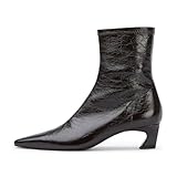 Vertundy Women's Black Ankle Boots - Pointed Toe Kitten Heel Boots Crinkle Leather Design Booties Shoes