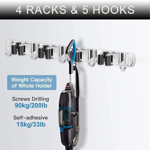 AONAT 2 Stück Besenhalterung Wand,Gerätehalter Wandhalterung mit 8 Halter und 10 Haken,Besen Mop Halter Wandhalterung,Besenhalterung Wand Selbstklebend für Zuhause,Küche,Badezimmer,Garage,Garten