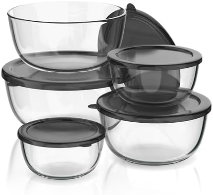 Arendo - Rührschüsseln aus Glas mit Deckel - Glasschüssel 5er Set - 1000ml + 1500ml + 2000ml + 2700ml + 4400ml – Rührschüsseln klein bis groß – Borosilikatglas - Salatschüssel Glas