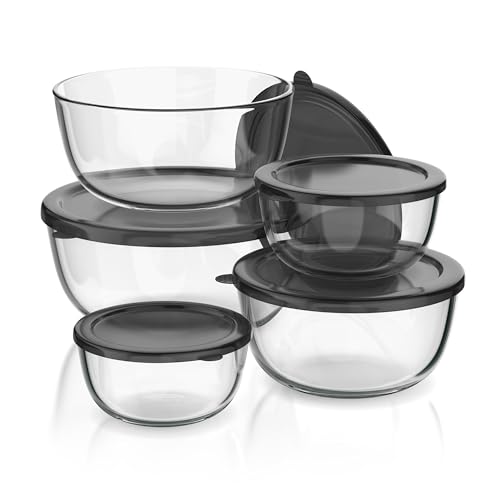 Arendo - Rührschüsseln aus Glas mit Deckel - Glasschüssel 5er Set - 1000ml + 1500ml + 2000ml + 2700ml + 4400ml – Rührschüsseln klein bis groß – Borosilikatglas - Salatschüssel Glasschale Salatglasscha