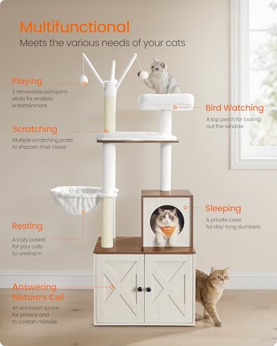 Image of Feandrea Cat Tree with Litter Box Enclosure, 59-Inch Modern Cat Tower | 2-In-1 Condo with Scratching Posts, Washable Removable Cushion, Rustic White and Honey Brown UPCT113W201
