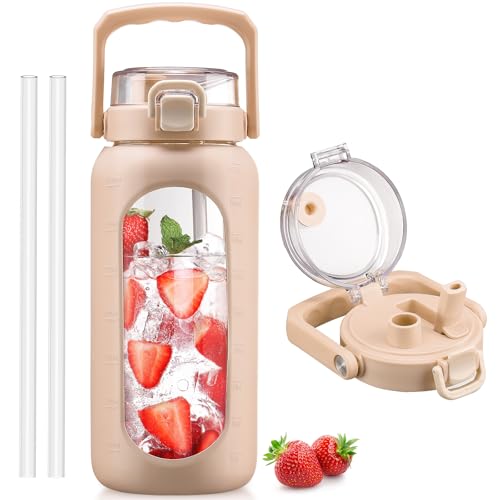 BLUEGO 64oz Glass Water Bottle with Handle and Straw, Motivational Sports Water Bottle with Time Marker and Silicone Sleeve Leakproof Drinking Bottle for Travel Gym Workout, Amber