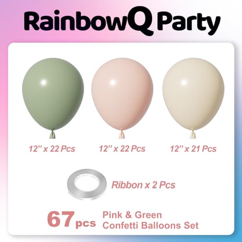Image of Pink and Green Balloons 12 Inch 67PCS White Sage Green Balloons Latex Helium Balloon Set for Anniversary Wedding Birthday Party Decorations