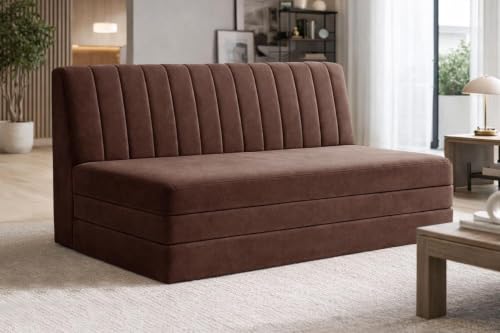 Image of Deco Studio 3 Seater Floor Sofa Bed with Adjustable Backrest, Modern Velvet Fabric Folding Couch for Living Room, Guest Room & Small Spaces - Brown Color