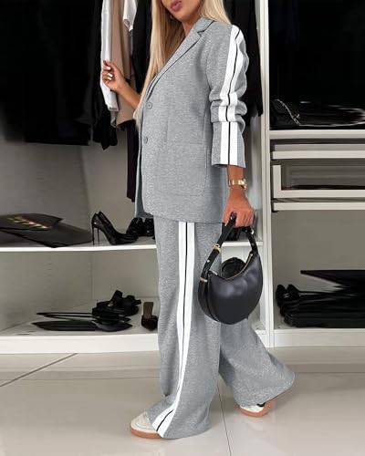CHICME Womens Suit Sets Striped Side Sporty Tape Button Blazer Pants with Pockets Business Casual Pants Set, Light Gray, S