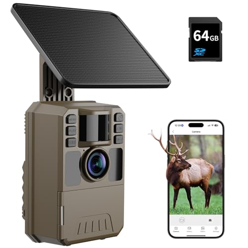bopopo Solar Trail Camera 4K WiFi, 64MP Game Camera with 0.1s Motion Activation, Night Vision, IP67 Waterproof, Built-in 5000mAh Battery & 64GB Card, UHD 30fps