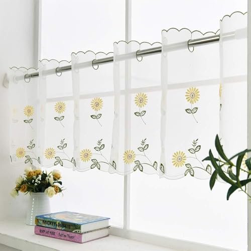 Floral Cafe Curtain Valance for Windows - Sheer Curtain Window Valance with Embroidered Flower, Half Window Curtains for Kitchen Cafe Dinning Living Room, 45cm x 180cm / 17 x 70