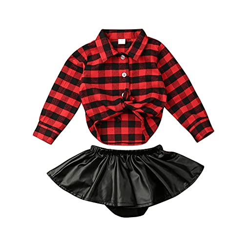 COPAUL Moda Niño Niños Bebé Niña Ropa De Navidad Conjuntos Rojo Plaid T-Shirt Tops+Cuero Pantalones Cortos Falda Set 0-24M