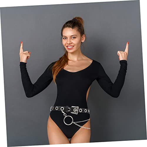 FRCOLOR Grommet Leather Belt with Chain for Men and Women Punk Aesthetic Waist Belt for Vintage Jeans Durable PU Leather Accessory for Casual Wear and Halloween Parties3